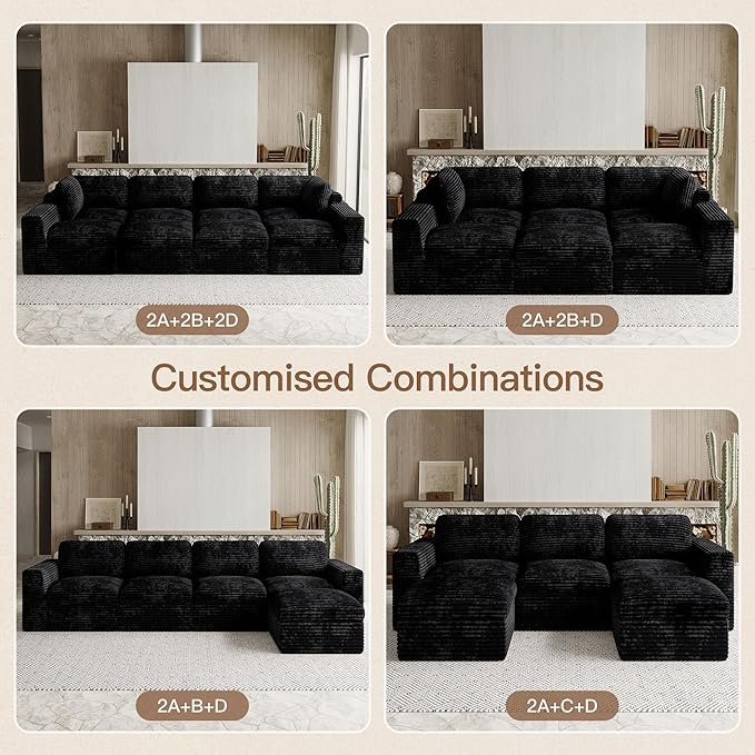Cloud Sectional Couches for Living Room Plush Corduroy U Shaped Boneless Modular Sectional Sofa with Deep Seat. Black Couch.
