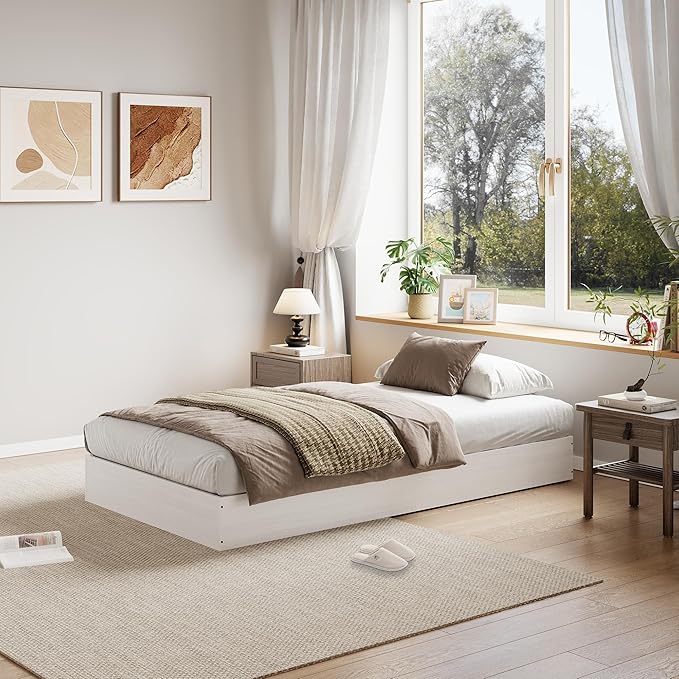 Wood Platform Bed with Sturdy Wooden Slats, Twin Size Floor-Standing Bed Frame, Modern Minimalist Design Space-Saving Bed Frame, No Box Spring Needed, Easy Assembly, White