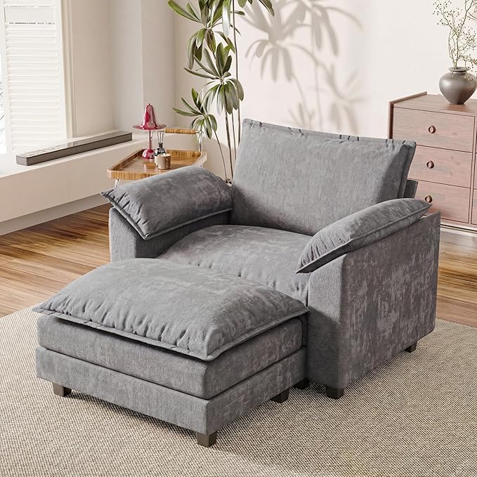 Single Chaise Lounge with 30'' Deep Seat & Movable Ottoman, Reading Chair with Wide Armrest, Chenille Cloud Couch Double Layer Cushion for Living Room, Office, Bedroom (Light Grey, Single Sofa Chair)