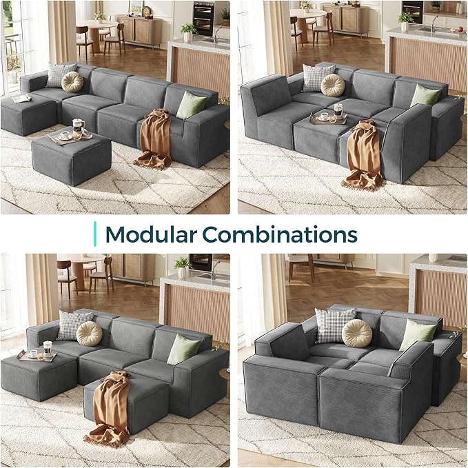 LINSY HOME Modular Sectional Sofa, 105" Boneless Couch L Shaped 3-Seat Sofa with Movable Ottoman, Corduroy Sectional Cloud Couches for Living Room, No Assembly Required, Bluish Grey