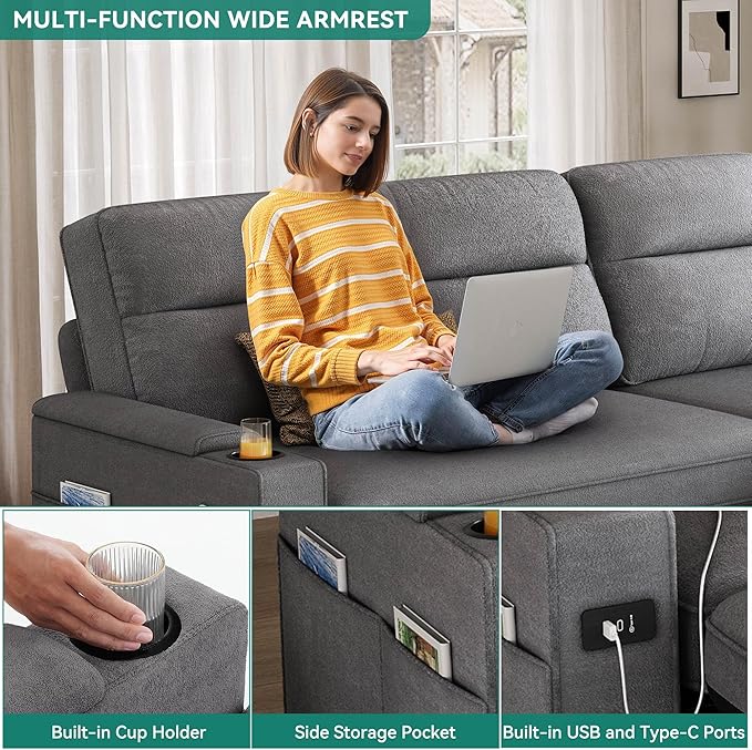 YITAHOME Convertible Sleeper Sofa with Adjustable Backrest & Pull Out Bed, L-Shaped Sectional Sofa Bed with Armrest & USB Port, Upholstered Sectional Couch for Living Room, No-Tool Assembly, Grey