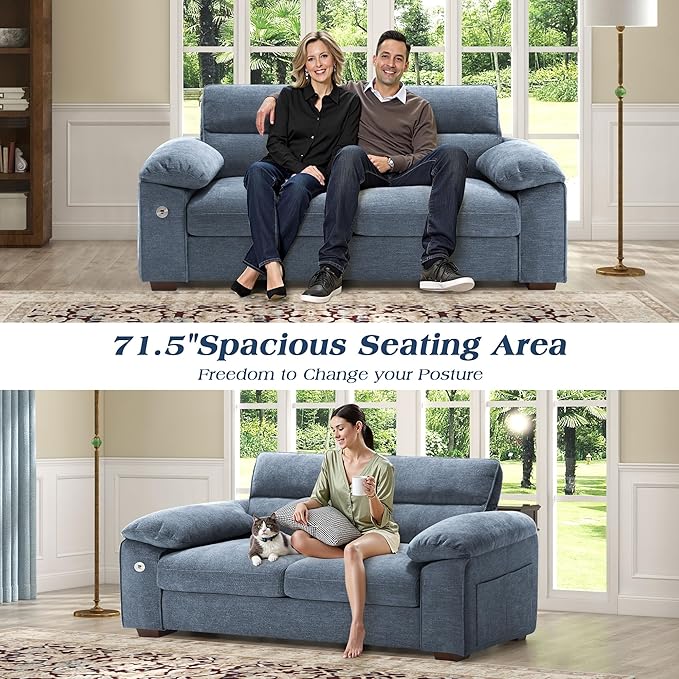 WorthFurni Sofas for Living Room, Chenille Pillow-Armrest Loveseat Couch Set, Small Sofa, 3 Seater Sofa, USB Charging, Removable Sofa Cover, Solid Wood Frame, Easy to Install (71.5 inch, Blue)