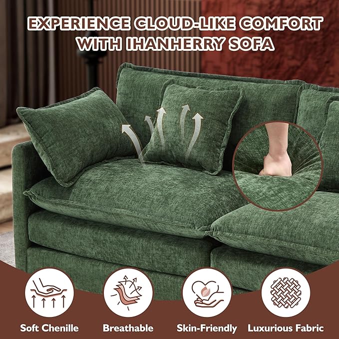 Ihanherry 146" U-Shaped Modern Sofa Modular Sectional Cloud Couch with 2 Ottoman, 6-Seat Chenille Deep Seat Sofa with 6 Pillows for Living Room, Bedroom and Apartment, Green