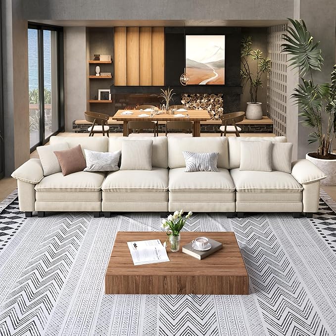 4 Seat Modular Sofa, 157.5'' Oversized Modern Chenille Sectional Couch with Removable Armrest and Pillow, Upholstered Cloud Deep Seat Sofa for Living Room, Beige