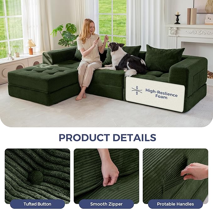 MAXYOYO Modular Sectional Sofa Couch, Foldable L-Shaped Folding Sofa Bed with Ottoman, Convertible Sectional Couch Corded Tufted Floor Sofa Lounger with Pillows for Living Room No Assembly, Dark Green