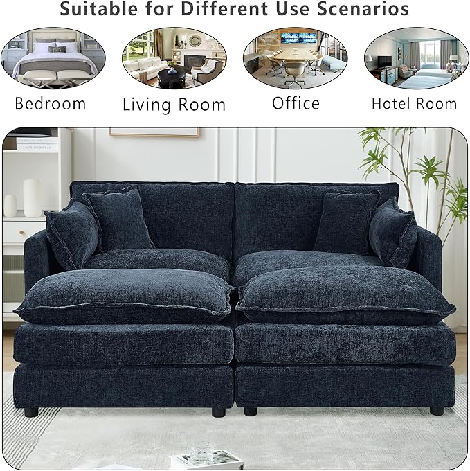Setawix Deep Loveseat Couch with Ottomans,Large 2 Seater Lounger Cloud Couches for Living Room,77.16" Chenille Cloud Sofas with Deep Seat,Modular Sectional Sleeper Sofa for Bedroom (Blue, 2+2)