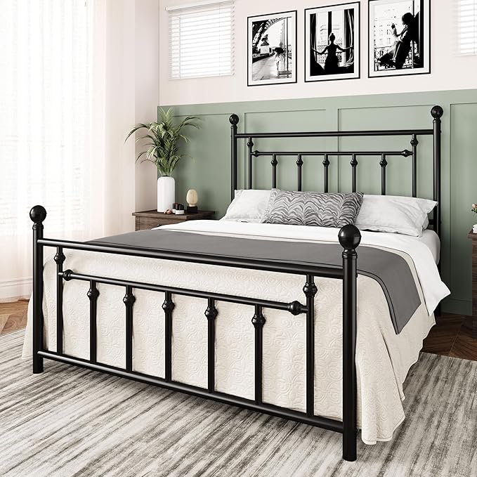 Allewie 14 Inch Queen Size Metal Platform Bed Frame with Victorian Vintage Headboard and Footboard/Mattress Foundation/Under Bed Storage/No Box Spring Needed/Easy Assembly/Noise Free/Black