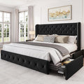 LARMACE King Size Bed Frame with 4 Storage Drawers and 47.2" Tall Tufted Headboard Velvet Upholstered Platform Bed Frame Wingback Beds with Wooden Slats Support, Easy Assembly, Black