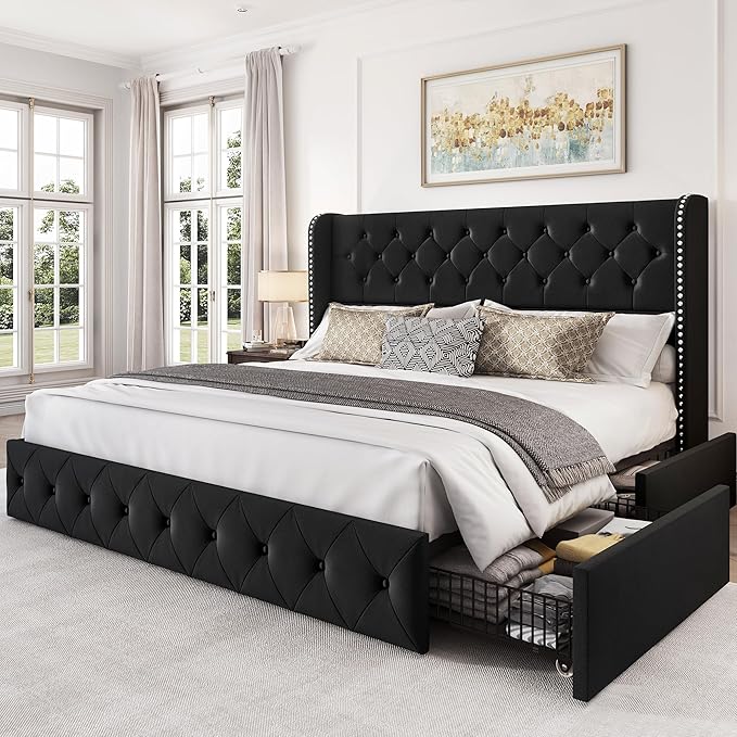 LARMACE King Size Bed Frame with 4 Storage Drawers and 47.2" Tall Tufted Headboard Velvet Upholstered Platform Bed Frame Wingback Beds with Wooden Slats Support, Easy Assembly, Black