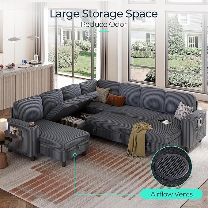 LINSY HOME Sectional Sleeper Sofa Pull Out Couches for Living Room (Grey, Sleeper Sofa 5) | Pull Out Sofa Bed, Storage, USB Charging, Cup Holders, Plush Corduroy