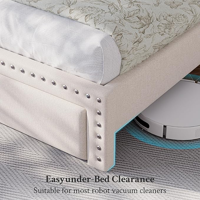EnHomee Queen Size Bed Frame, Upholstered Queen Bed Frame with 2 Storage Drawers and 2-Tier Headboard, Vertical Tufted Headboard Design, Extra Storage Space for Bedroom Apartment, Beige