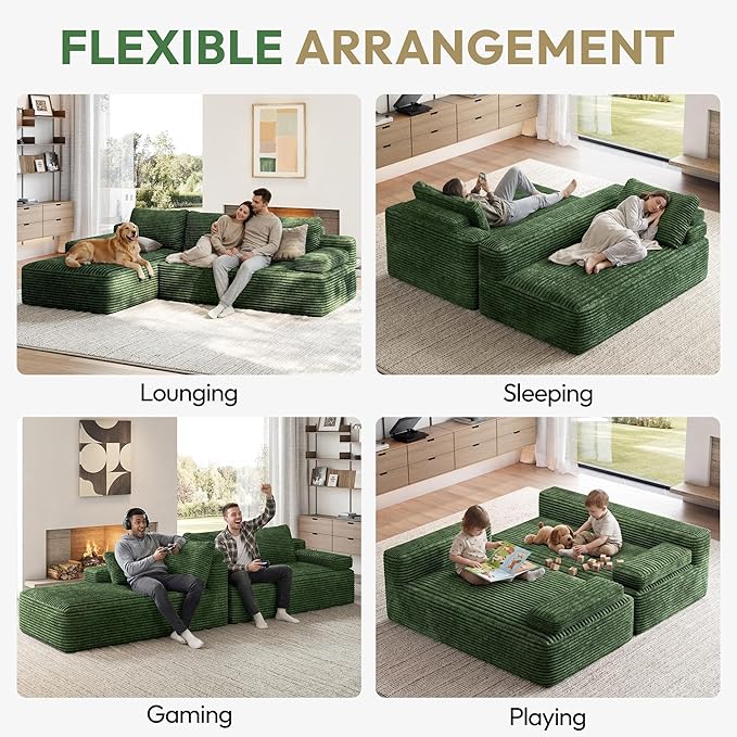 Yaheetech 110" Modular Sectional Sofa Corduroy Boneless Couch with Chaise L-Shape Cloud Couch with Detachable Pillows No Assembly Sofa for Living Room, Green