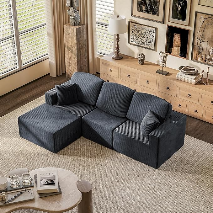 YESHOMY 98.4" Boneless Couches for Living Room, Comfy Modular Sectional Couch, Cloud Couch with Deep Seat, L-Shaped Sofa with Ottoman, Black