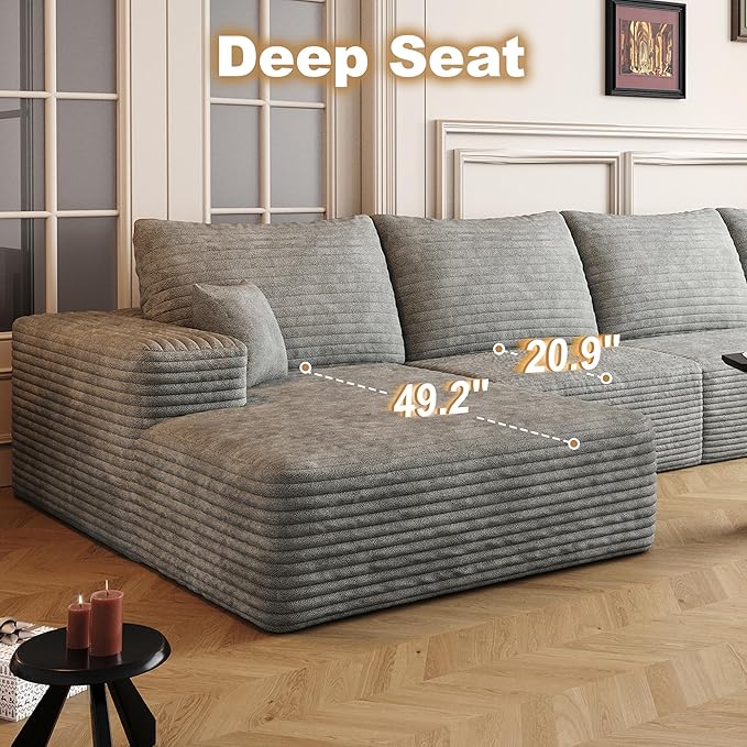 136" Sectional Couches for Living Room Cloud Couch Sofa with L-Shape Upholstered Boneless Couchs Modern Modular Sectional Couch with Chaise (Grey, 136" Left Facing Chaise+3Seaters)