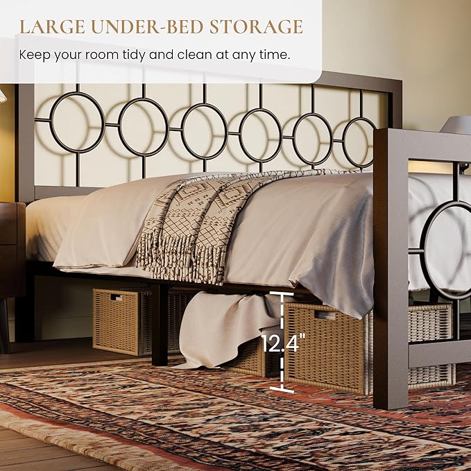 SHA CERLIN King Size Metal Bed Frame with Vintage Circular Design Headboard and Footboard,No Box Spring Required, Easy Assembly,Noise-Free,Brown
