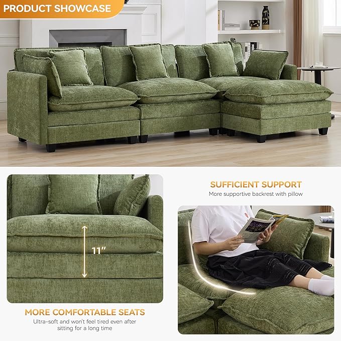 111'' Cloud Deep Seat Sectional Couch, Modern Comfy Chenille L Shaped Sectional Sofa with Movable Ottoman, Upholstered Modular 4-Seater Sofa Couch for Living Room, Green
