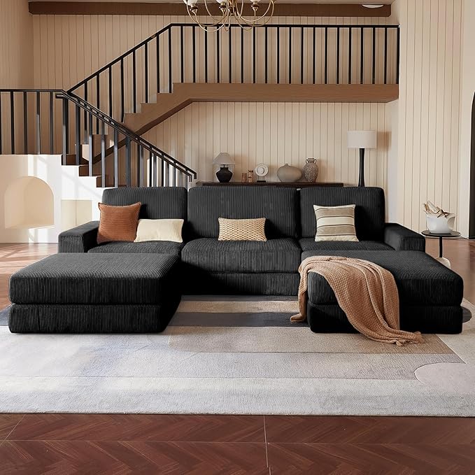 Modular Sectional Sofa, 120.47" Modern Cloud Couch Sectional Sofa with U-Shaped Chaise Comfy Corduroy Fluffy Couch with Deep Seat Boneless Couches for Living Room Bedroom, Black