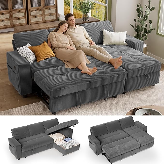Vipbear Sectional Sleeper Couch with Pull Out Sofa Bed, L Shaped Plush Corduroy Couch with Reclining Backrest & Storage & USB Charging, Convertible Cloud Sectional Sofa Bed for Living Room, Grey | Breathable material, Tool-Free Assembly, Reclining Back...