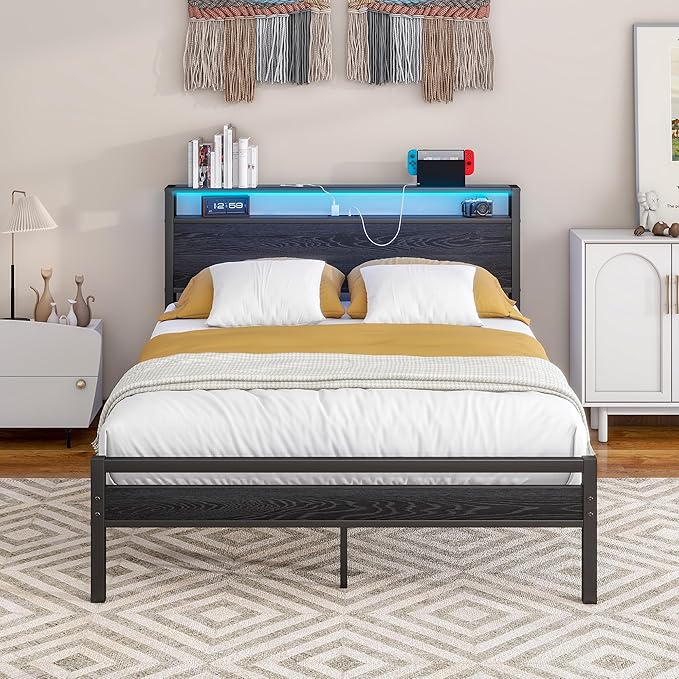 BOFENG Full Size Bed Frame with Wood Storage Headboard/LED Lights,Heavy Duty Platform Metal Bed Frame Full Size with Charging Station No Box Spring Needed,Strong Metal Support,Noise Free,Black