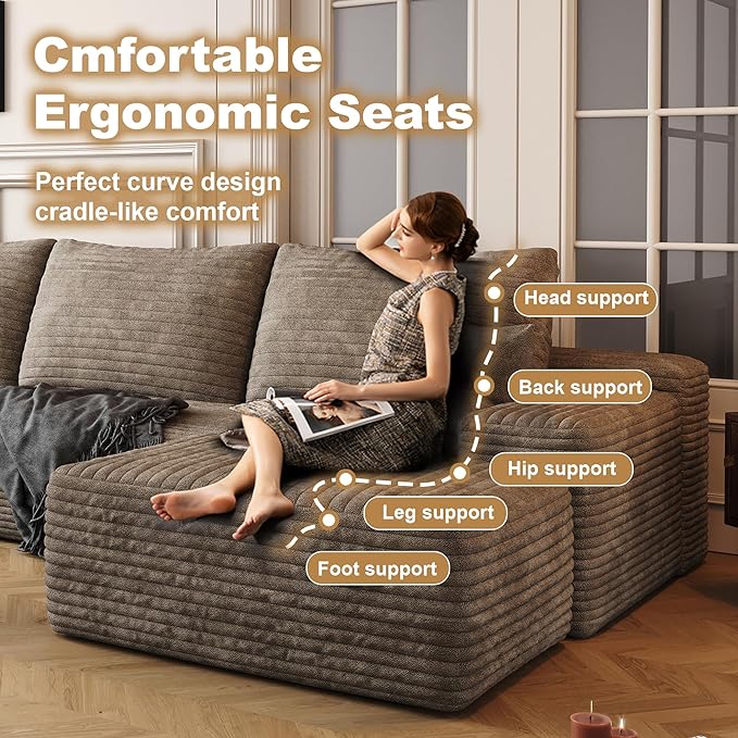 136" Sectional Couches for Living Room Cloud Couch Sofa with L-Shape Upholstered Boneless Couchs Modern Modular Sectional Couch with Chaise (Camel, 136" Left Facing Chaise+3Seaters+Ottoman)