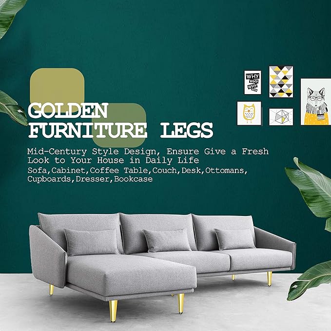 4pcs 8 Inch Furniture Legs, Straight Conical Metal Legs Luxury Gold Mid-Century Style Furniture Feet for Sofa Cabinet Table Chair Cupboard Couch Ottoman Home DIY Projects
