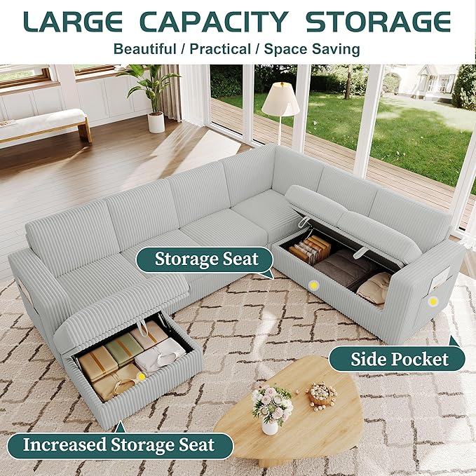 106.7" Sectional Sleeper Sofa with Pull Out Couch, Modern 7 Seat U Shaped Modular Couch, Sectionals Modular Sofa with Storage, Comfy Corduroy Couches Sectional for Living Room, Light Gray