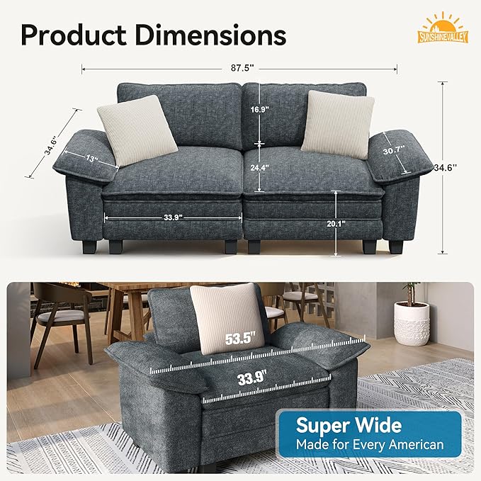 Modular Loveseat Cloud Sofa, 87.5'' Oversized Chenille Sectional Couch with Wider Armrest and Pillow, 2 Seat Upholstered Modern Love Seat for Living Room Bedroom, Cyan