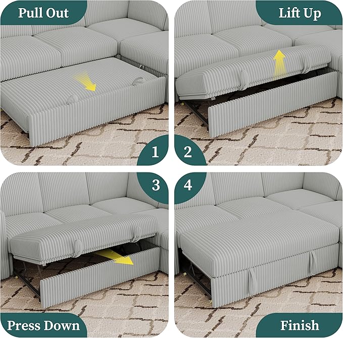 106.7" Sectional Sleeper Sofa with Pull Out Couch, Modern 7 Seat U Shaped Modular Couch, Sectionals Modular Sofa with Storage, Comfy Corduroy Couches Sectional for Living Room, Light Gray