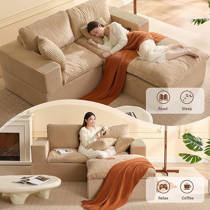 74.8” Set of Cloud Couch, Modular Loveseat Sofa, Convertible Sofas Bed, Deep Seat Sofa, Cozy Sofa for Living Room, Office and Bedroom, L Shaped Cozy Sofa Furniture Set, Corduroy, Camel