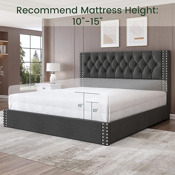 LARMACE King Size Bed Frame with 4 Storage Drawers and Tufted Headboard Linen Upholstered Platform Bed Frame with Heavy Duty Wood Slats, No Box Spring Needed, Easy Assembly, Grey