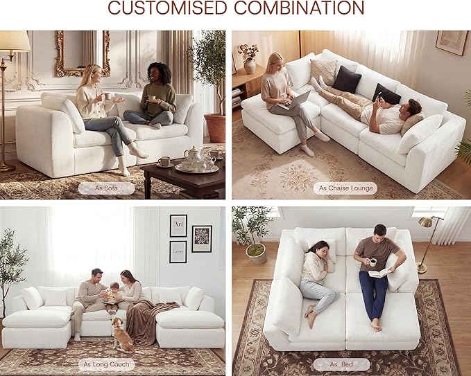 110'' Oversized Cloud Sectional Boneless Couch for Living Room, Modern Big Compressed L Shape Couch with Ottoman & 2 Throw Pillows, Chenille Deep Seat Memory Foam Spineless 4 Seater Sofa,Beige | Premium Chenille, Cloud-Like Comfort, Versatile Style, Wa...