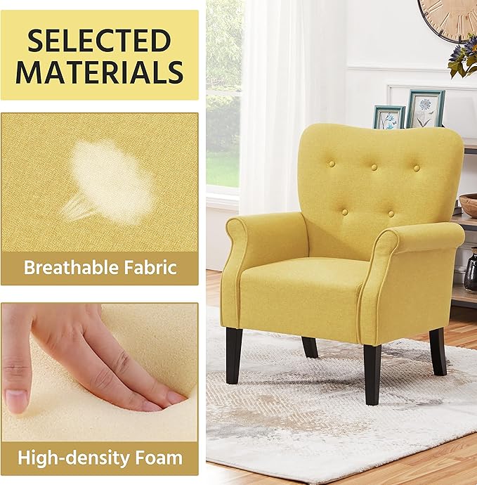 Yaheetech Modern Armchair, Mid Century Accent Chair with Sturdy Wood Legs and High Back for Small Space, Upholstered Fabric Sofa Club Chair for Living Room/Bedroom/Office, Set of 2, Yellow