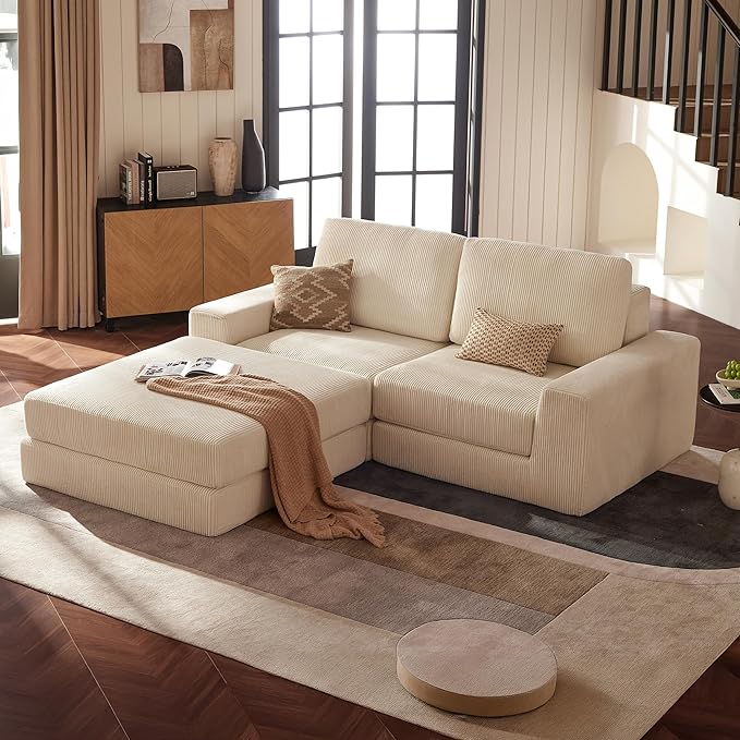 Modular Sectional Sofa, 80.31" Modern Cloud Couch Sectional Sofa with L-Shaped Chaise Comfy Corduroy Fluffy Couch with Deep Seat Boneless Couches for Living Room Bedroom, White