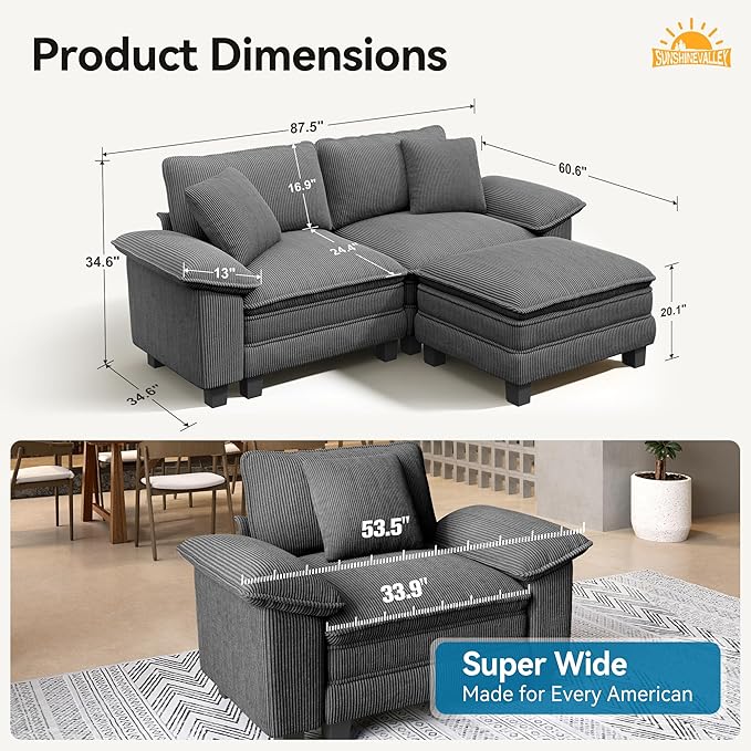 Sectional Loveseat with Ottoman, 87.5'' Oversized Corduroy Love Seat Modular Sofa Couch with Pillow, 3-Seat Modern L Shaped Cloud Deep Seat for Bedroom Small Space, Grey