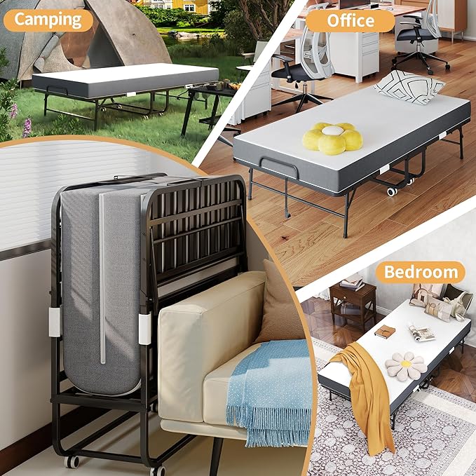 AQY Folding Bed with Mattress for Adults,75" x 38" Portable Rollaway Bed Guest on Wheels with Memory Mattress and Heavy Duty Sturdy Metal Frame,Foldable Bed for Adults,Guest, Twin Size,Cot Size-2 PCS