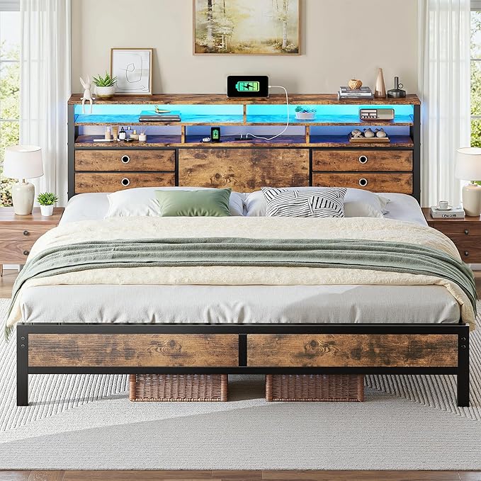 Homkdom King Bed Frame with 2-Tier Storage Headboard and 4 Drawers,Metal Platform Bed Frame with LED Lights & Charging Station,King Size Bed Frame 1100LB-Heavy Duty,No Noise,Rustic Brown