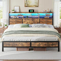 Homkdom King Bed Frame with 2-Tier Storage Headboard and 4 Drawers,Metal Platform Bed Frame with LED Lights & Charging Station,King Size Bed Frame 1100LB-Heavy Duty,No Noise,Rustic Brown