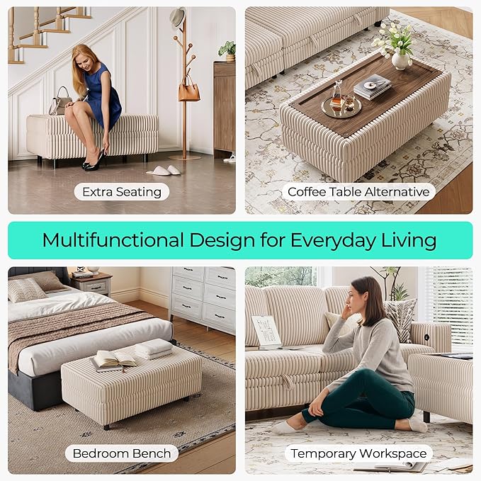 LINSY HOME Sectional Sleeper Sofa - Modular Ottoman Module (Beige, Sleeper Sofa Ottoman) | Storage, Convertible, Coffee Table, Plush Corduroy