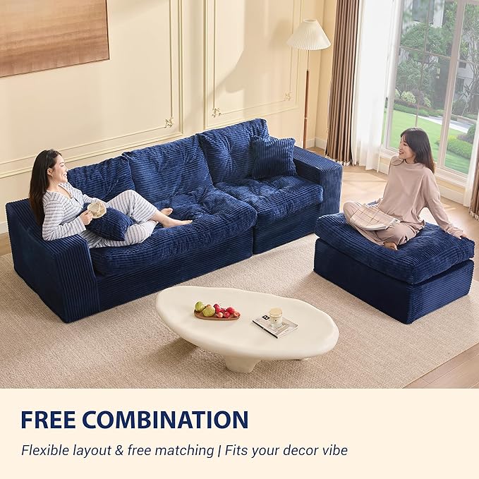 Modular Sectional Sofa, 102” L-Shaped Corduroy Couch with Ottoman, Deep Seat Comfy Sectional for Living Room, Set of Soft Upholstered Cloud Couch for Apartment, Blue