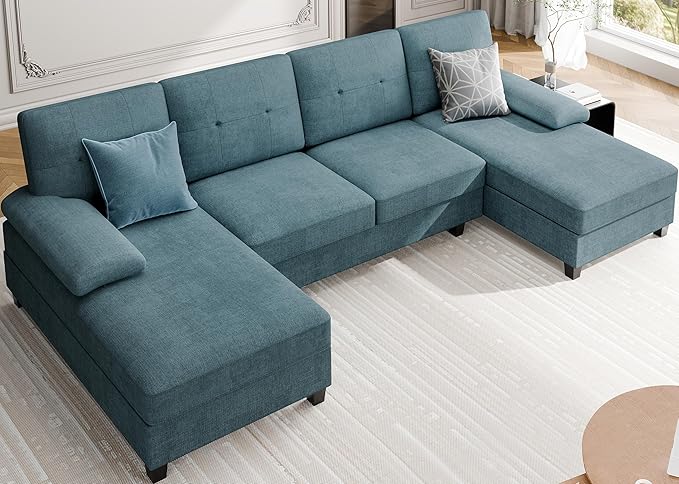 Meilocar Sectional Couches for Living Room, 106 in U Shaped Couch Soft Sectional Sofa with Double Chaise, Comfortable 4 Seat Sofa Couch (Blue) | Breathable Fabric, Double Chaise