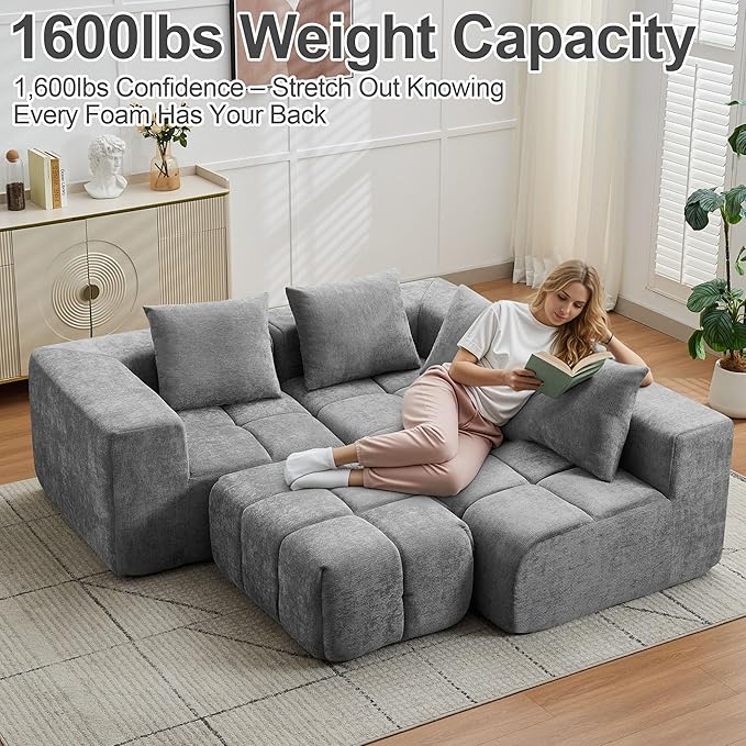 119" Boneless Couch, Cloud Sectional Couch with Deep Seat, High-Density Memory Foam and Chaise, Sectional L Shaped Sofa, Boneless Couches for Living Room, No Assembly Required Tufted Sofa, Light Grey