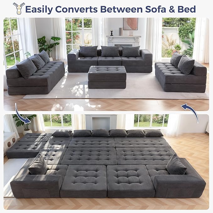 MAXYOYO Modular Sectional Sofa Couch, Foldable Oversized U Shaped Cloud Couch with Pillows, Tufted Boneless Sleeper Lounger Floor Sofa Bed for Living Room, No Assembly Required, Dark Grey