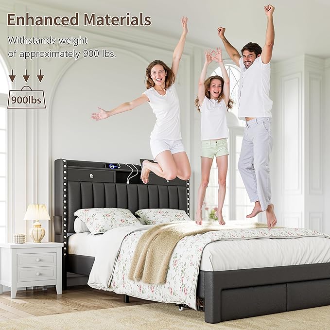CypBed King Size Bed Frame with 4 Storage Drawers, Upholstered Platform King Bed Frame and Headboard, 3 USB & Type-C Charging Ports, Solid Wood Slats, No Box Spring Needed, No-Noise, Dark Grey,Gifts
