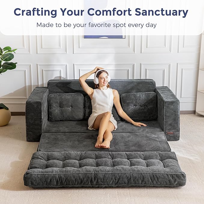 MAXYOYO Convertible Sofa Bed, Pull Out Oversized Loveseat Sleeper Sofa, 2 in 1 Folding Couch Bed, Fold Out Floor Couch with Pillows for Living Room Bedroom Lounge, Dark Grey