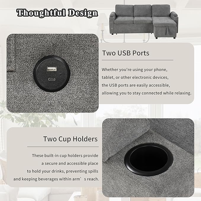 Harper & Bright Designs 83.5" L-Shaped Sofa Couch Convertible Sofa Bed Sectional Sofa with Ample Storage Space, Two Cup Holders and Two USB Ports for Living Room, Gray
