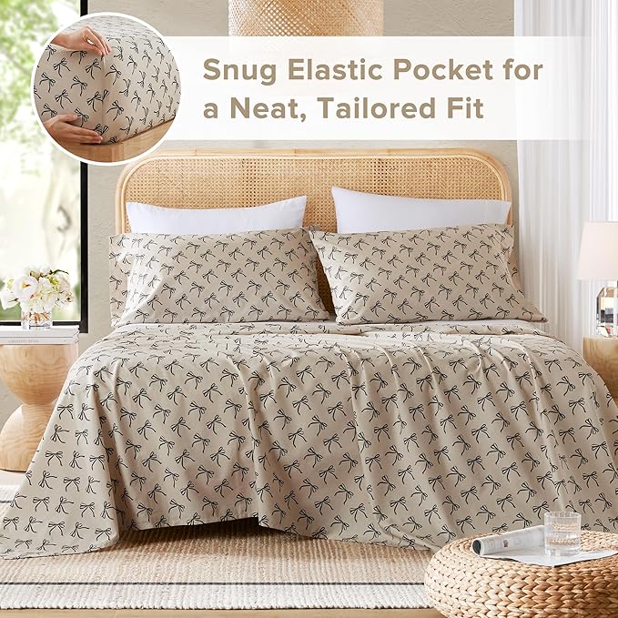 Comfort Spaces 100% Cotton Sheets King, Breathable, Naturally Cool Cotton Sheets, Soft Cotton Bed Sheets with 14" Elastic Pocket Fits up to 16" Mattress, All Seasons Sheet Set, Bow Black/Taupe 4 Piece