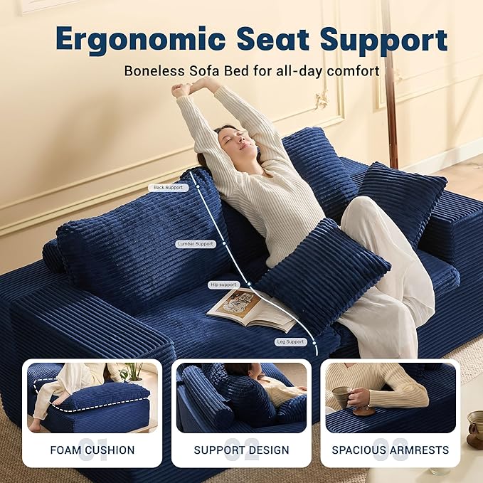 74.8” Set of Cloud Couch, Modular Loveseat Sofa, Convertible Sofas Bed, Deep Seat Sofa, Cozy Sofa for Living Room, Office and Bedroom, Corduroy, Blue