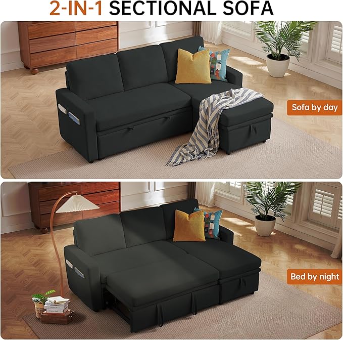 79" Sleeper Sofa Bed, Convertible Sofa Pull Out Couch with Storage | Reversible Chaise | L Shaped | Layered Storage | 3-Seater Comfy Sectional Couch Pullout Bed for Living Room, Black