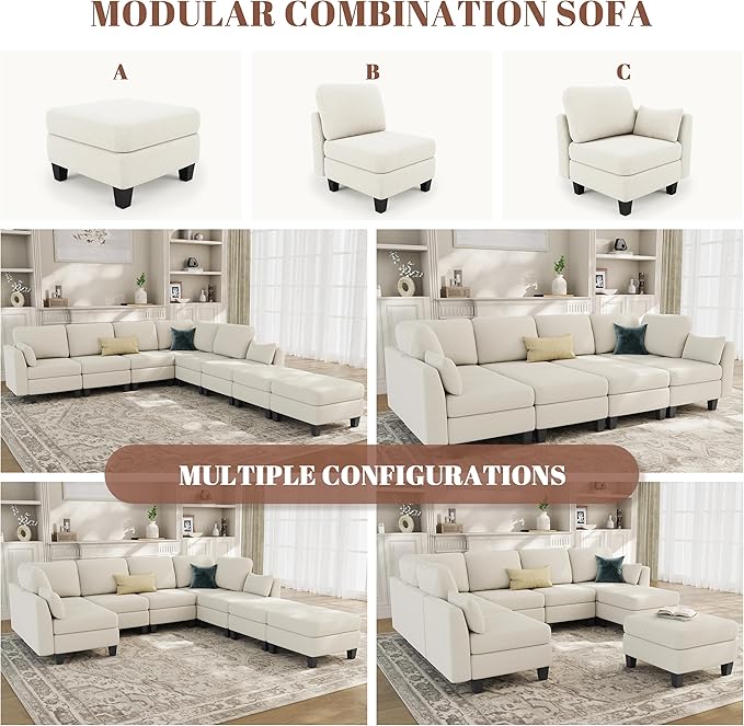 Sectional Sleeper Sofa, 8 Seaters Modular Sleeper Sofa Couch, Comfy Sectionals Couches Bed, Convertible Sofas with Ottomans, Modular Sectional Couches for Living Room, Beige