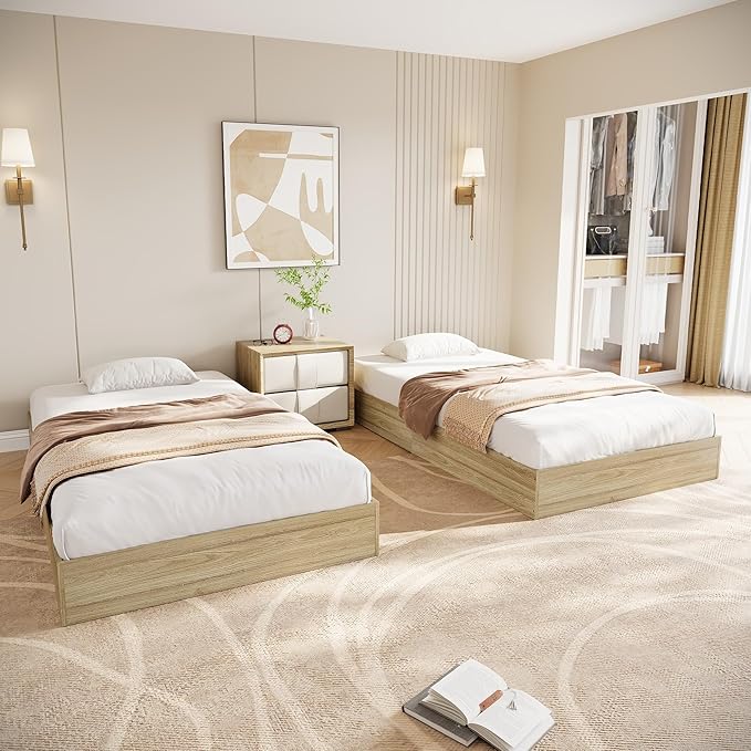 Wood Platform Bed with Sturdy Wooden Slats, Twin Size Floor-Standing Bed Frame, Modern Minimalist Design Space-Saving Bed Frame, No Box Spring Needed, Easy Assembly